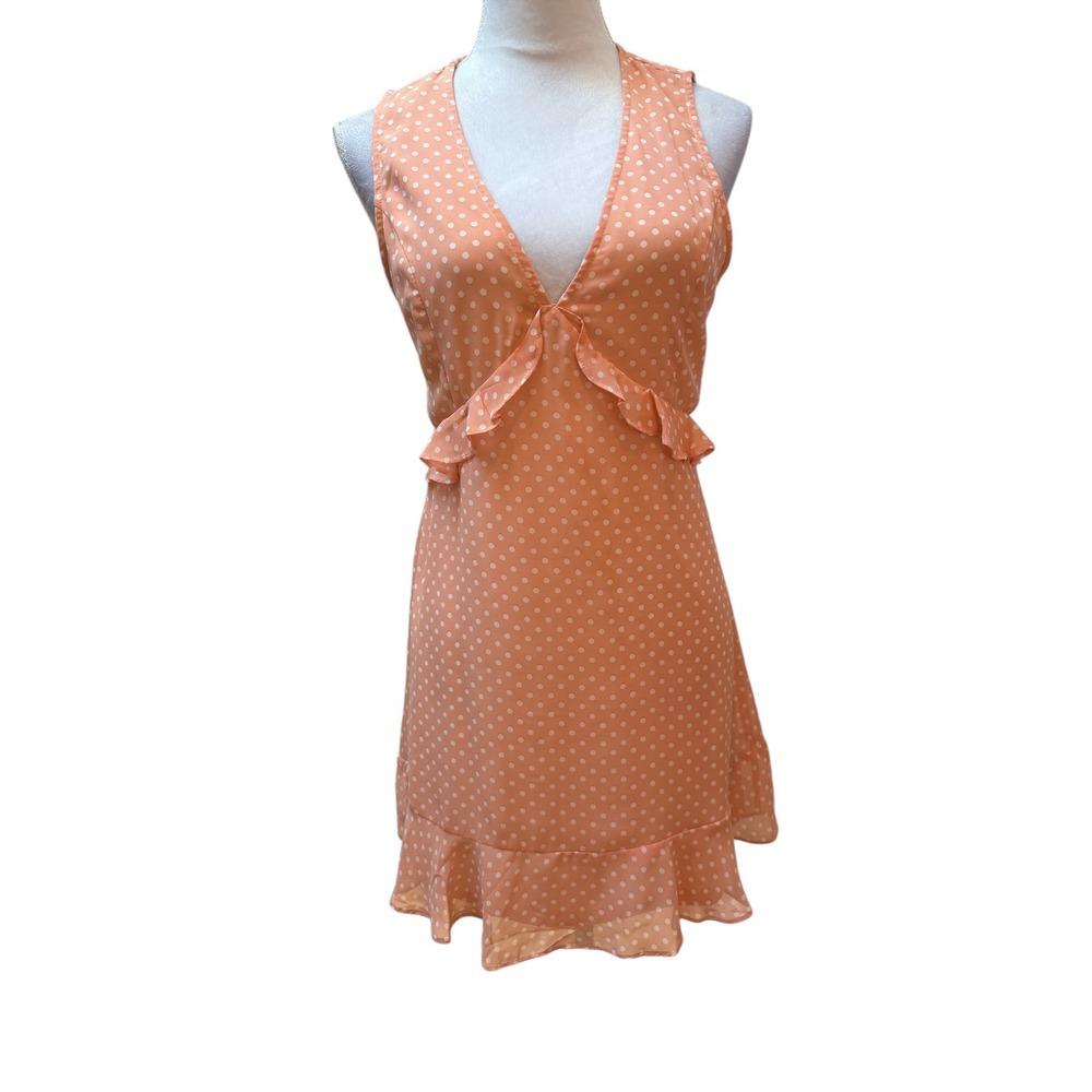 Lulus Peach Polka Dot Ruffle V-Neck Sleeveless Mini Dress Womens Size‎ M